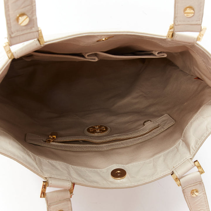 TORY BURCH white textured leather logo patch gold hardware A4 tote bag