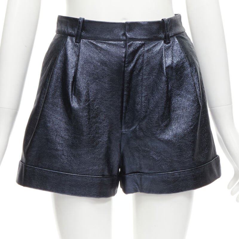 ALICE OLIVIA blue metallic faux leather cuffed high waisted shorts US0 XS