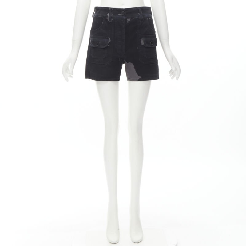 PRADA black grey camo denim triangle logo cargo pocket shorts IT36 XS