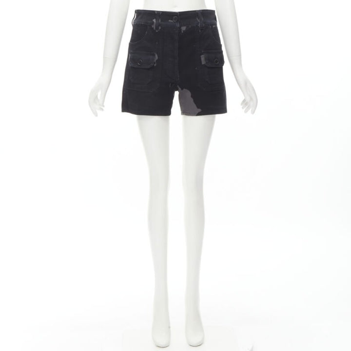 PRADA black grey camo denim triangle logo cargo pocket shorts IT36 XS