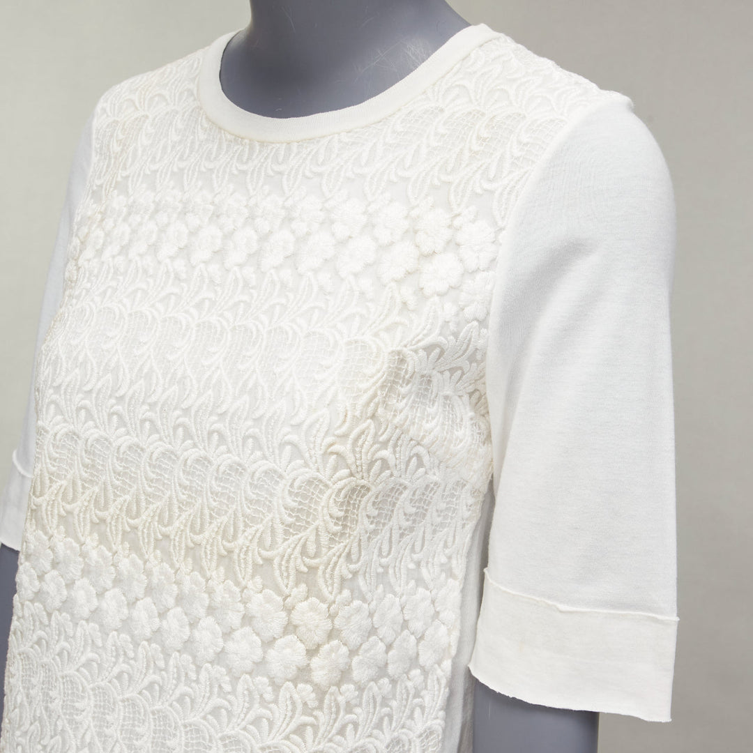 GIAMBATTISTA VALLI white cotton blend lace overlay front tshirt IT38 XS