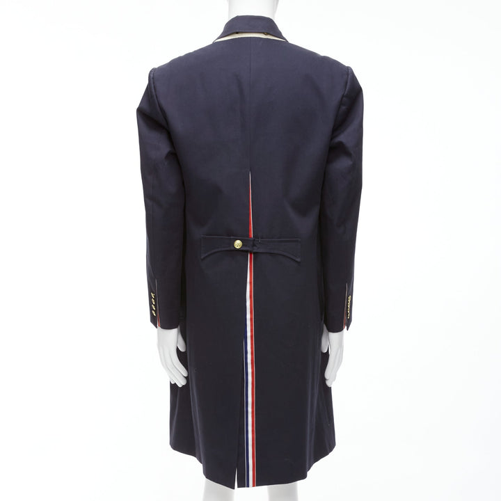 THOM BROWNE 2008 navy gold anchor button loop through boxy longline coat Sz.3 L
