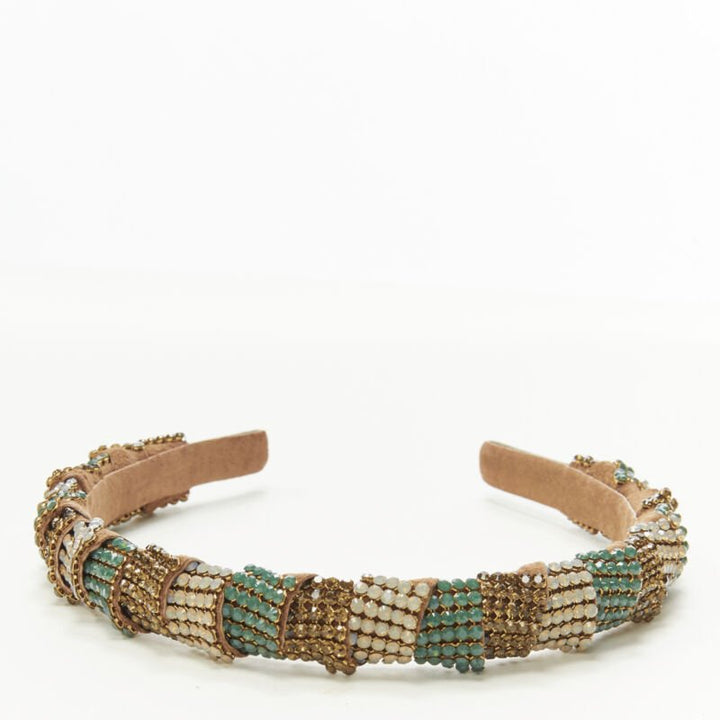 ALEXANDER ZOUARI bronze leather copper white green crystal encrusted headband