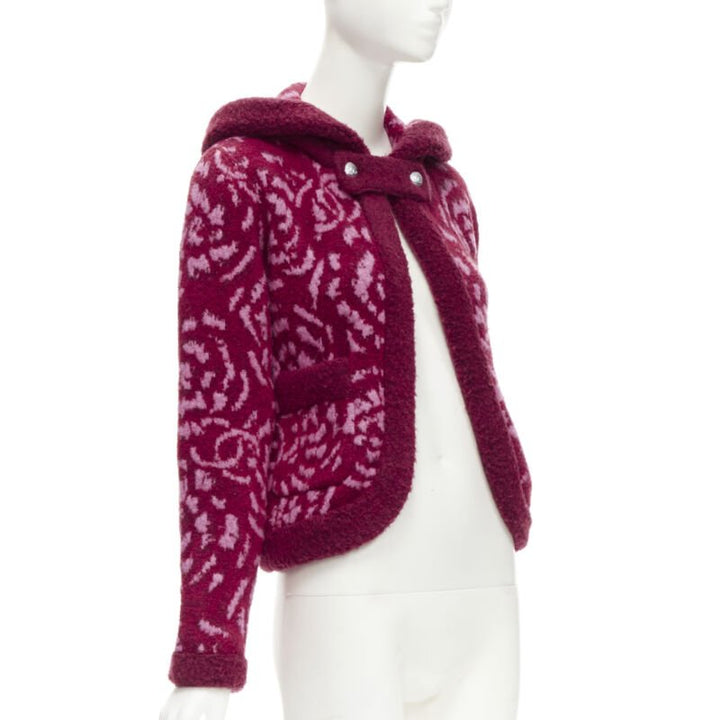 rare CHANEL red pink Camellia CC wool fluffy boucle trim cardigan jacket FR34 XS