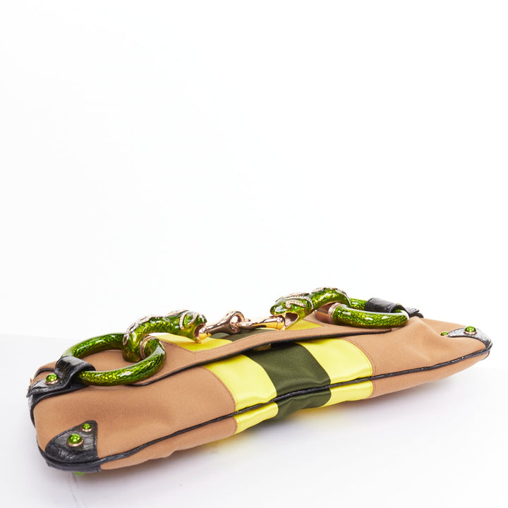rare GUCCI Tom Ford 2004 green Dragon Horsebit crystal tan yellow canvas bag