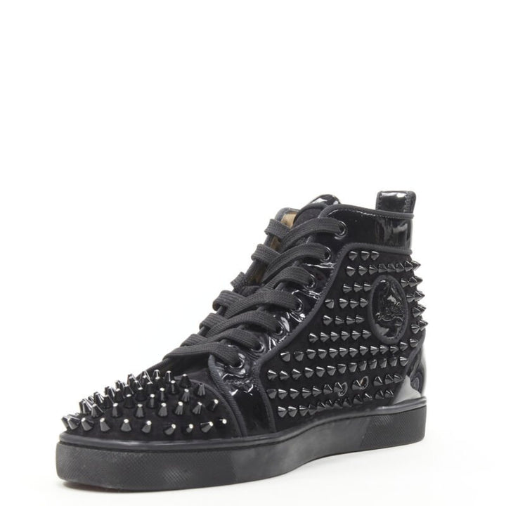 CHRISTIAN LOUBOUTIN Louis black velvet crystal spike stud high top sneaker EU41
