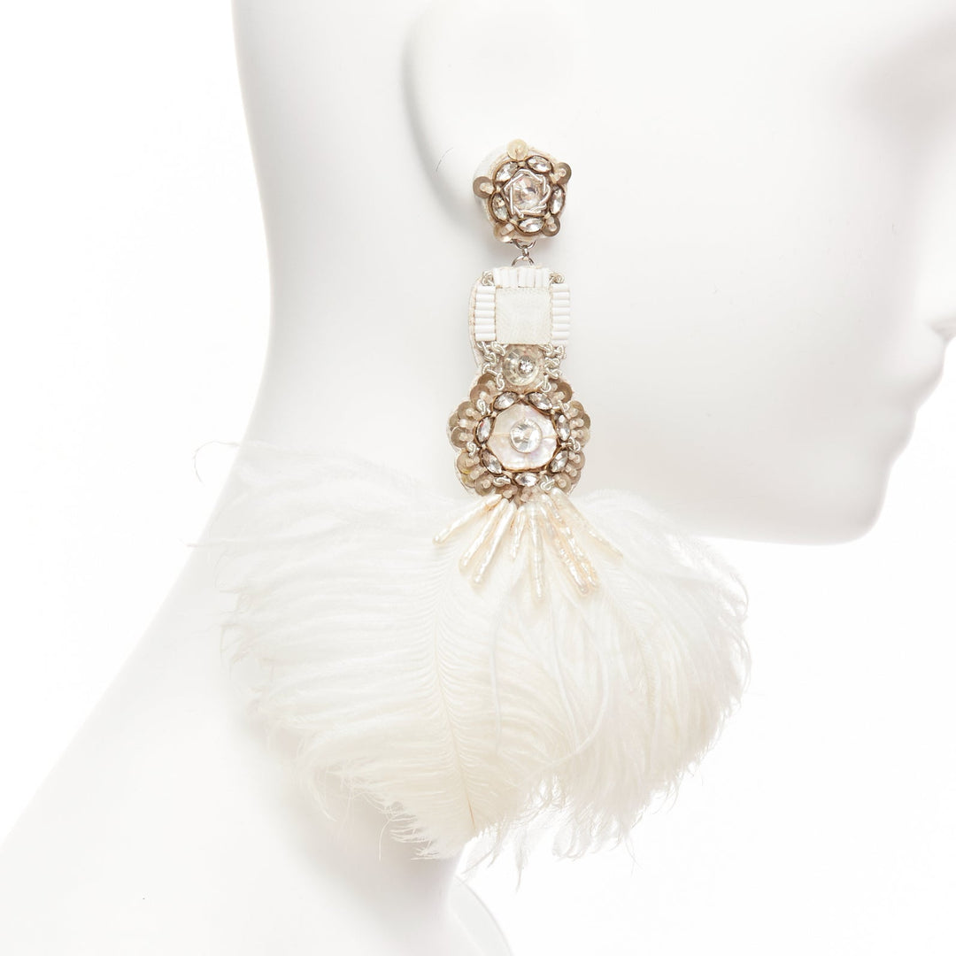 RANJANA KHAN white ostrich feather crystal embellished clip on earrings Pair