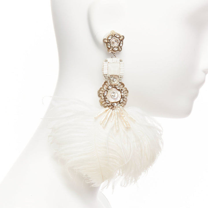 RANJANA KHAN white ostrich feather crystal embellished clip on earrings Pair