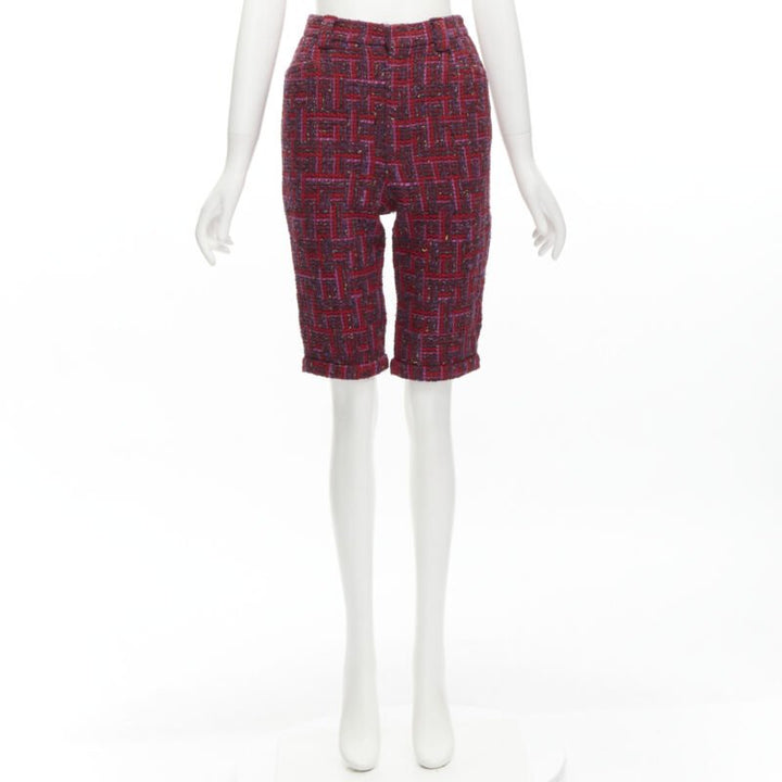 SAINT LAURENT 2021 pink red geometric tweed knee length shorts FR34 XS