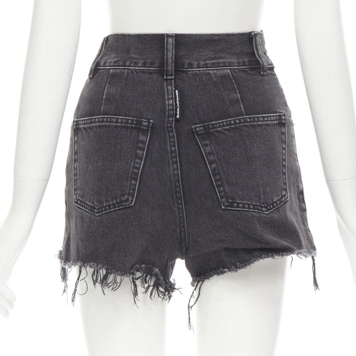 ALEXANDER WANG black washed denim silver buckle cut off frayed shorts 24"