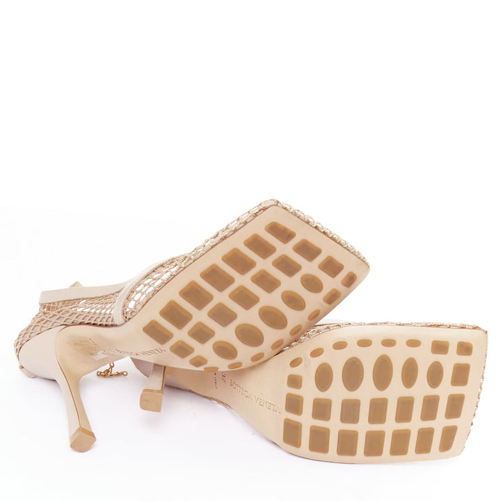 BOTTEGA VENETA Stretch nude leather fishnet square toe chain heels EU37
