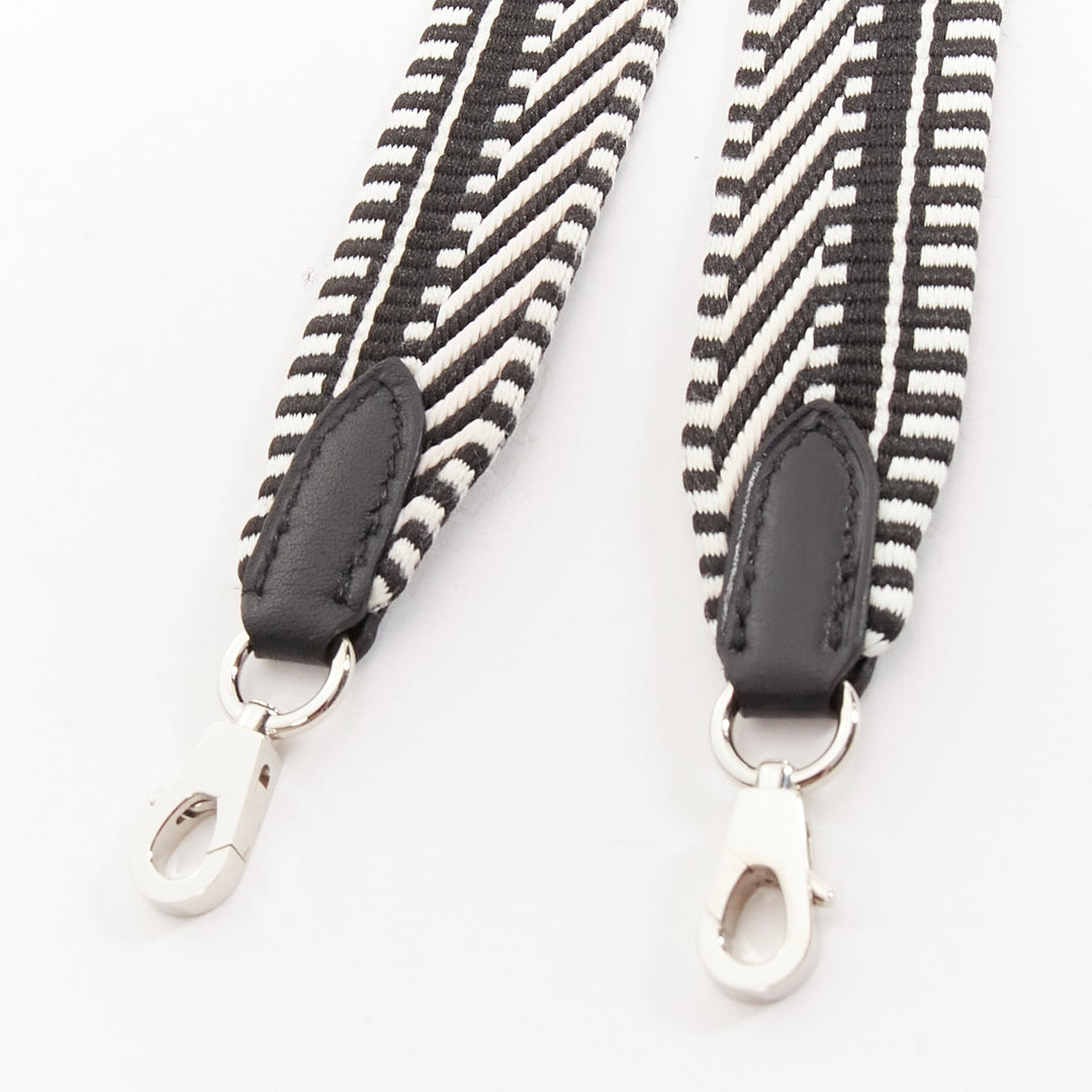 HERMES Sangle 25 black white chevron stripes woven silver hardware bag strap