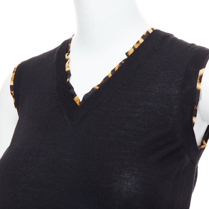 YVES SAINT LAURENT black virgin wool leopard silk trim sweater vest S