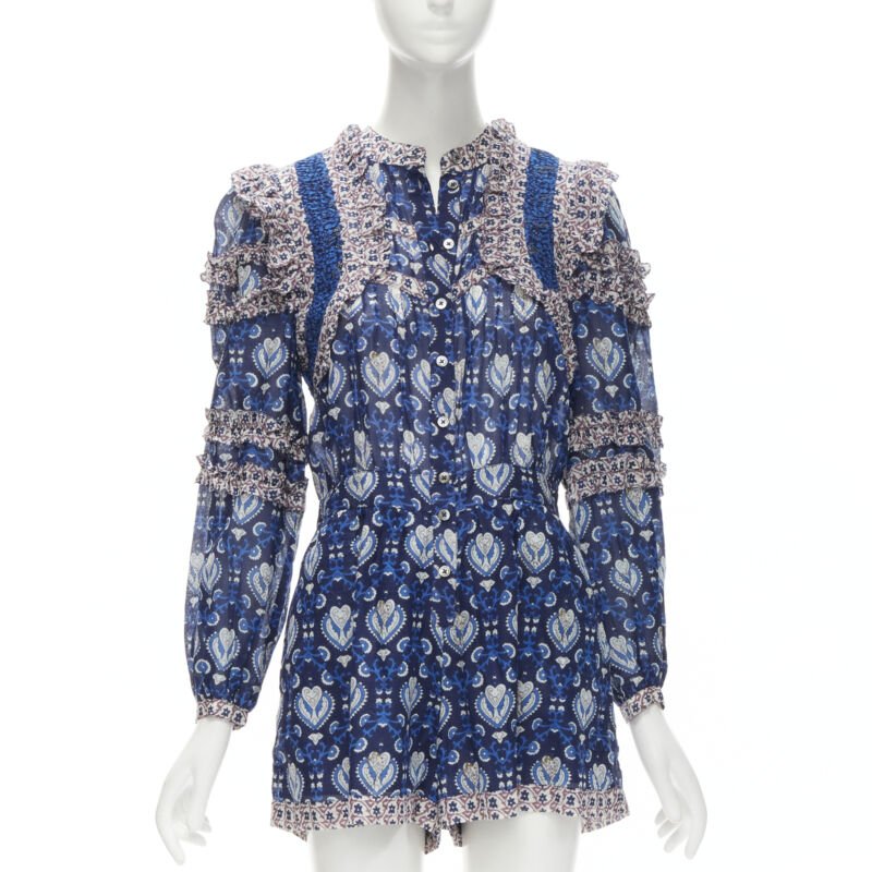 SEA NEW YORK blue floral print ruffle trim long sleeve romper playsuit US0 XS