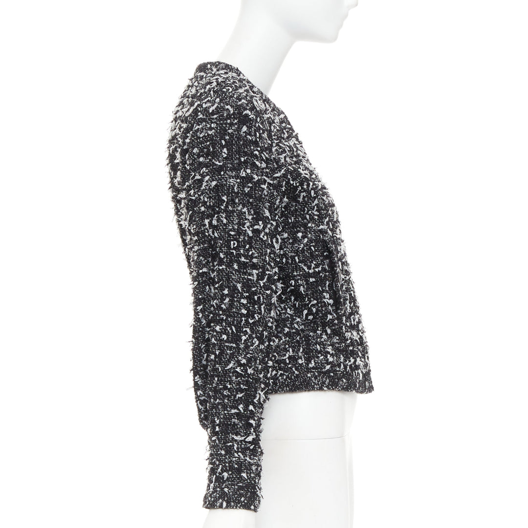 CHANEL 2019 speckle black white tweed collarless CC buttons jacket FR34 XS