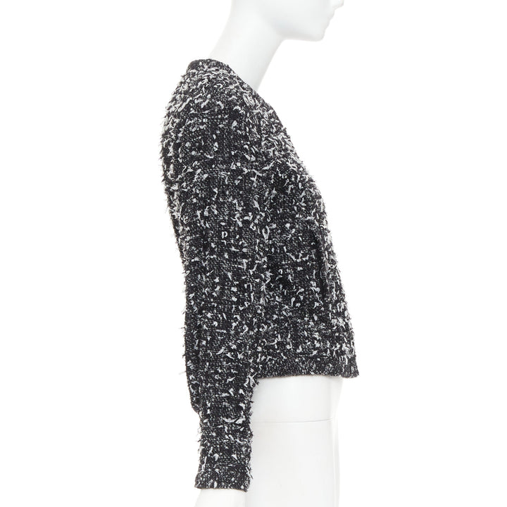 CHANEL 2019 speckle black white tweed collarless CC buttons jacket FR34 XS
