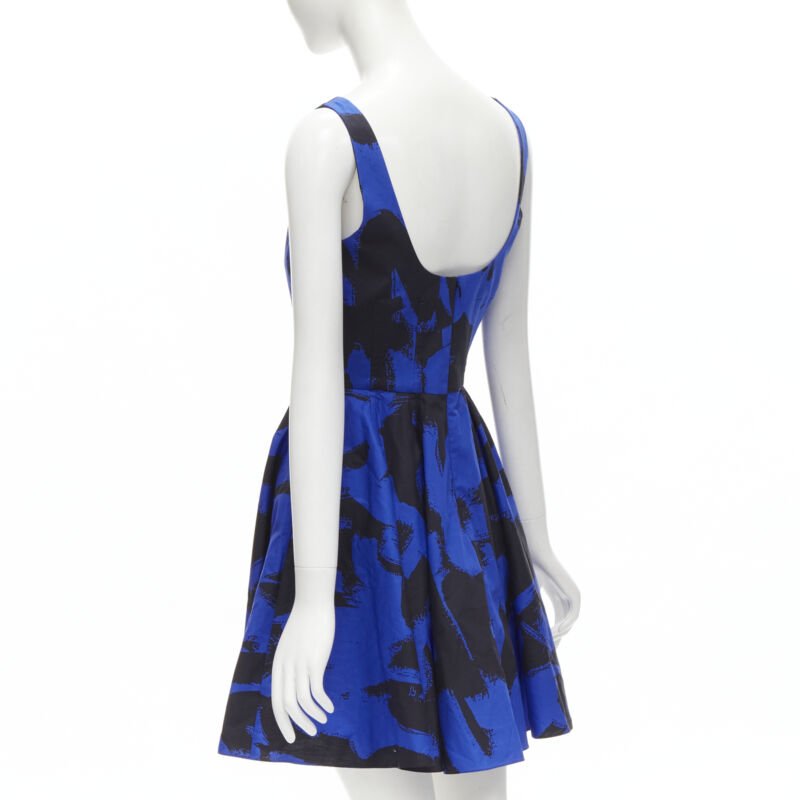 ALEXANDER MCQUEEN 2022 black blue abstract print fit flared scoop dress It38 S