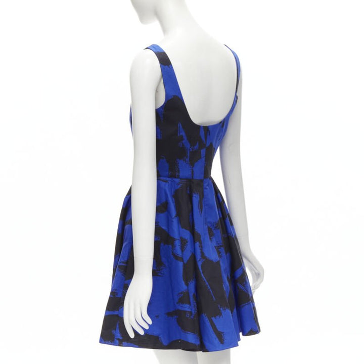 ALEXANDER MCQUEEN 2022 black blue abstract print fit flared scoop dress It38 S