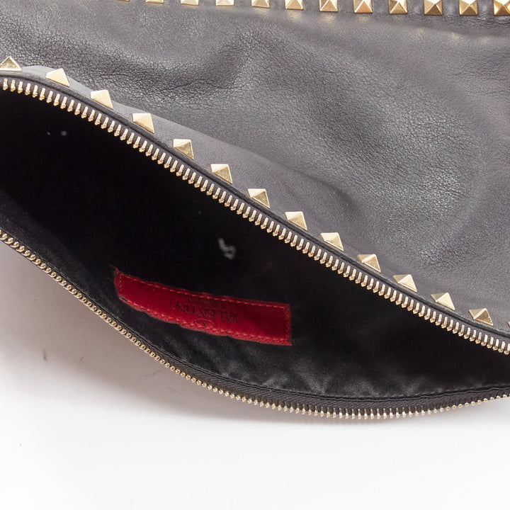 VALENTINO Rockstud black gold round studs logo triangle flat clutch bag