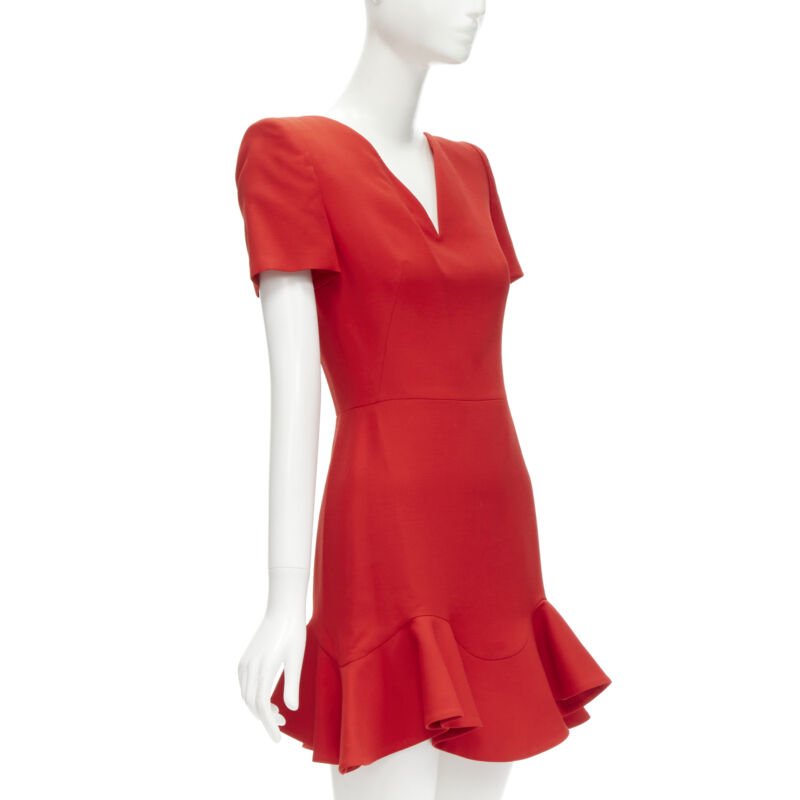 ALEXANDER MCQUEEN red wool crepe tulip neck flutter hem dress IT38 XS