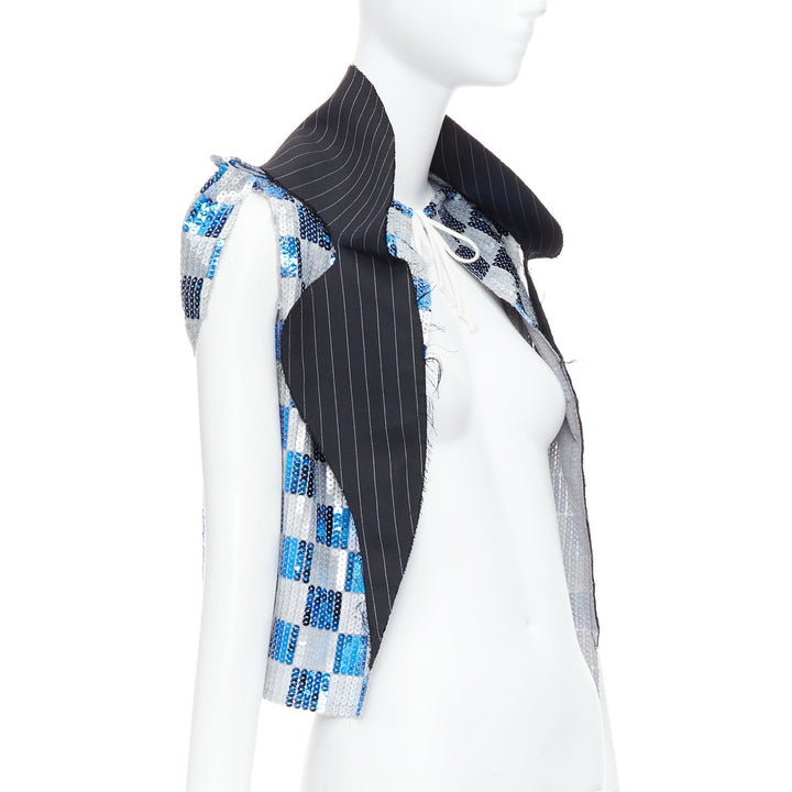 COMME DES GARCONS 2007 blue grey checkered sequin wool trim vest XS