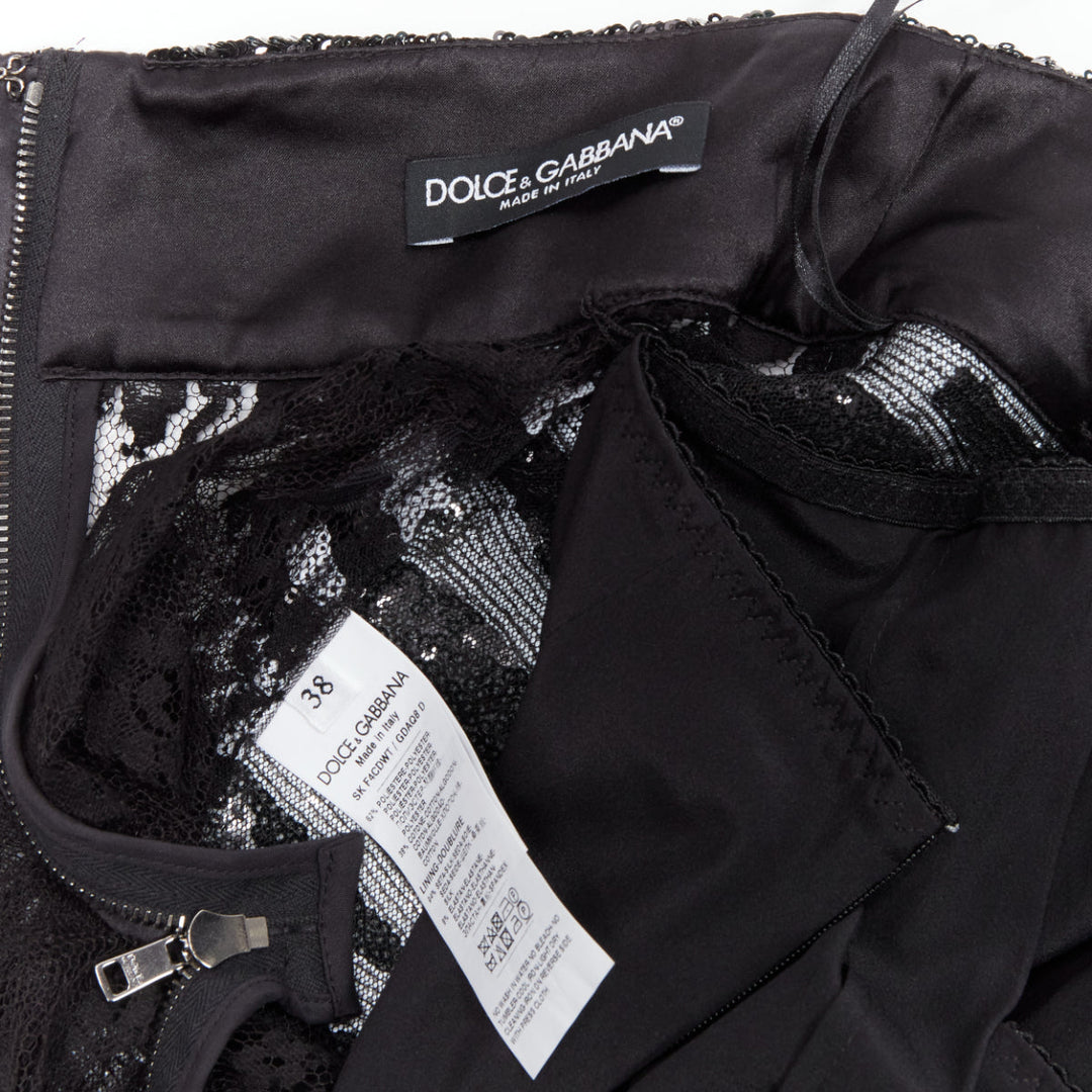 DOLCE GABBANA 2022 black white zebra sequins chantilly lace back skirt IT38 XS