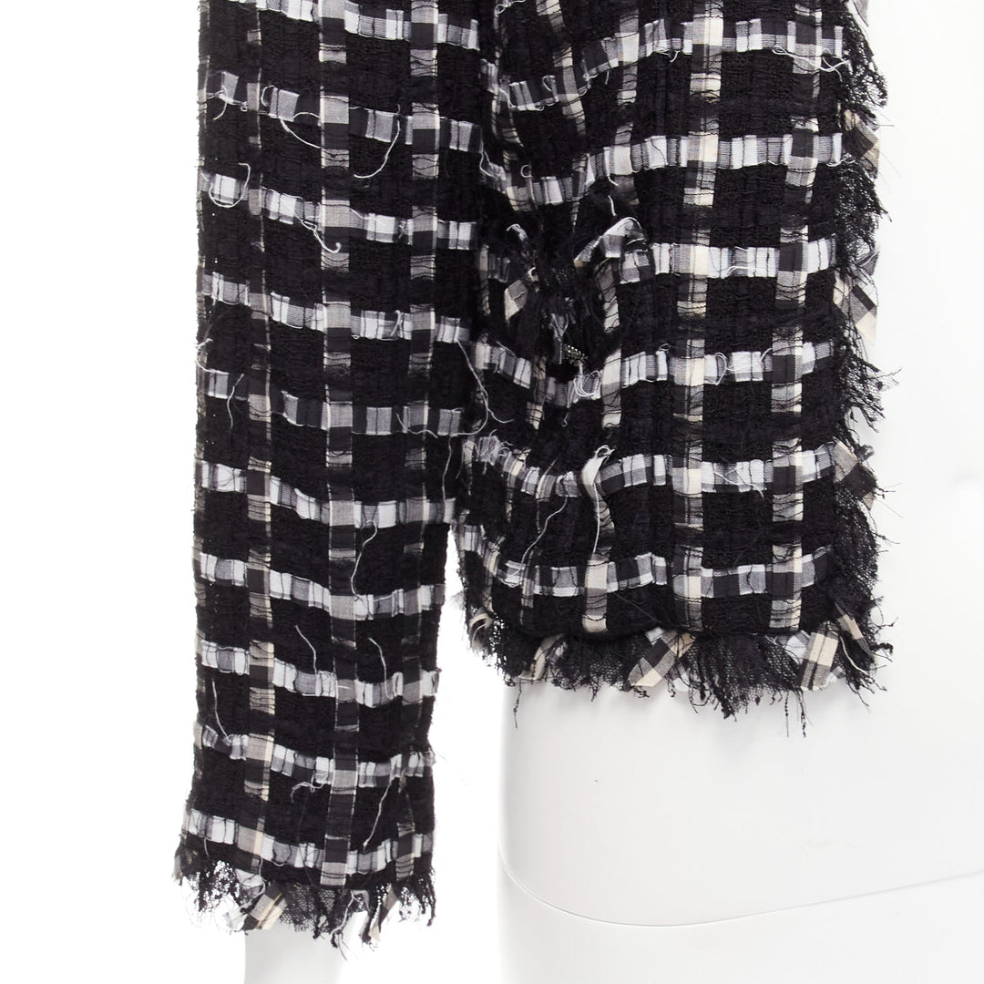 CHANEL black white raw frayed check tweed gripoix buttons cropped jacket FR40 L