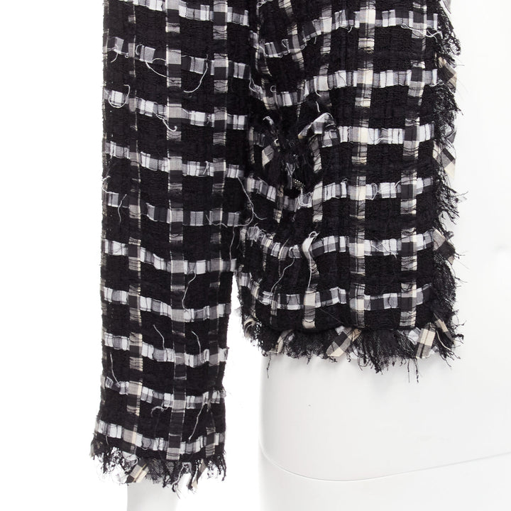 CHANEL black white raw frayed check tweed gripoix buttons cropped jacket FR40 L