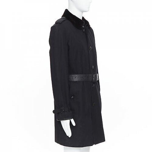 BURBERRY PRORSUM black cotton removable rabbit fur lining ostrich belt trench L