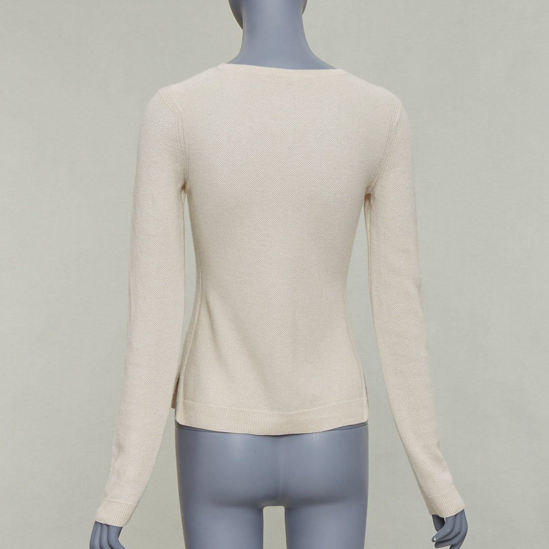 LORO PIANA 100% cashmere beige fine waffle knit crew neck sweater IT38 XS