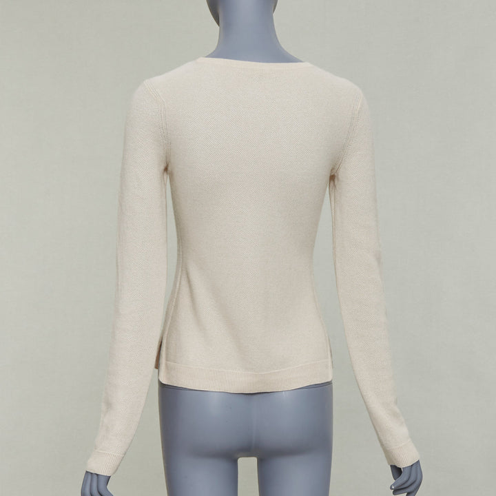 LORO PIANA 100% cashmere beige fine waffle knit crew neck sweater IT38 XS