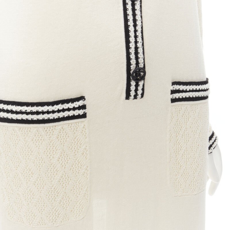 CHANEL cream beige 4-pocket black CC crochet knit midi dress FR38 S