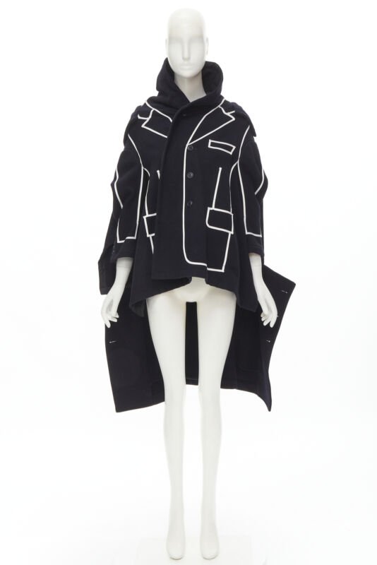rare COMME DES GARCONS 2009 Runway black white tromp loeil piping trench coat XS