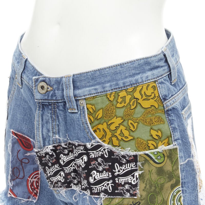LOEWE PAULA'S IBIZA blue denim sequnis patchwork cut off shorts FR36 S