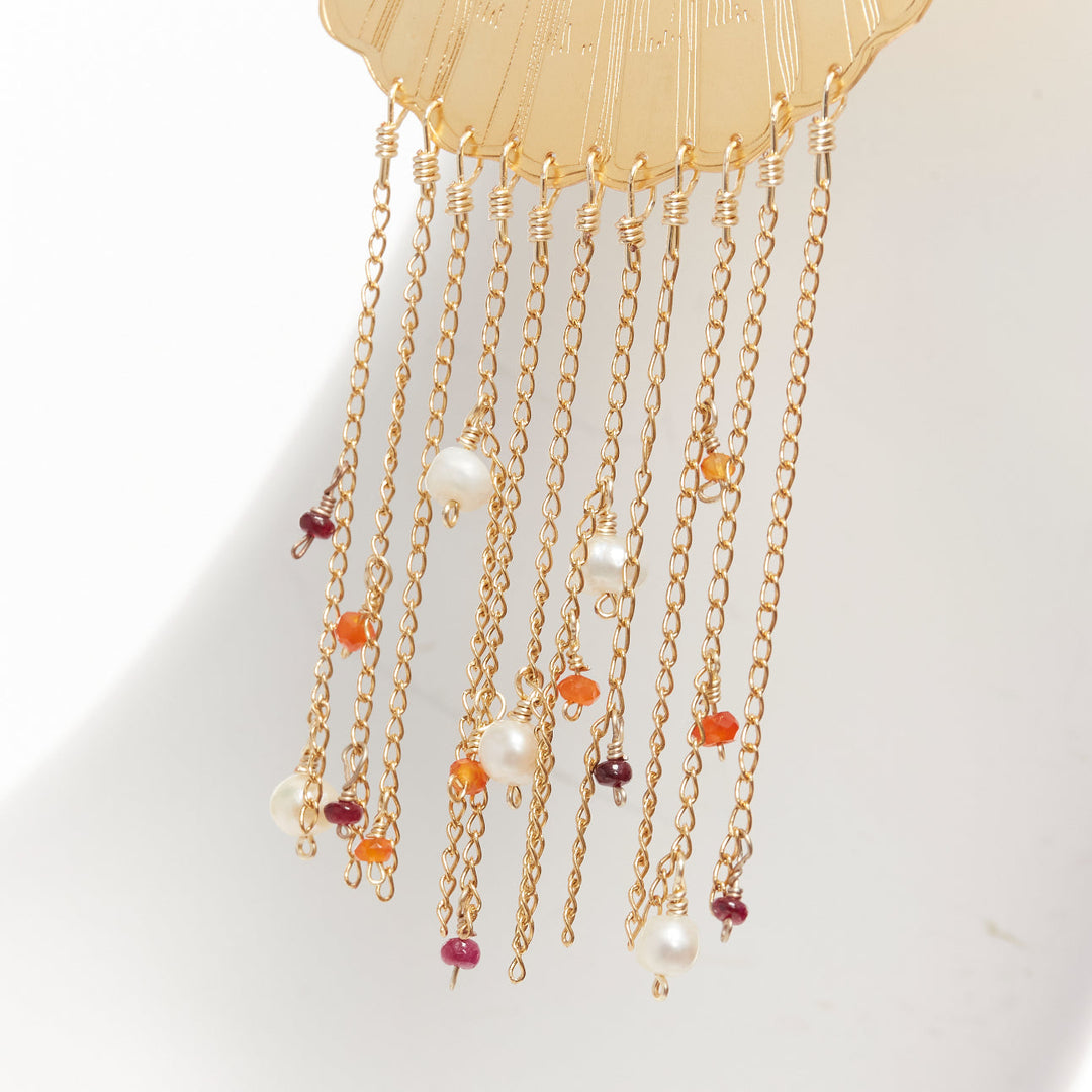 MERCEDES SALAZAR gold metal shell crystal faux pearl tassel clip earrings Pair