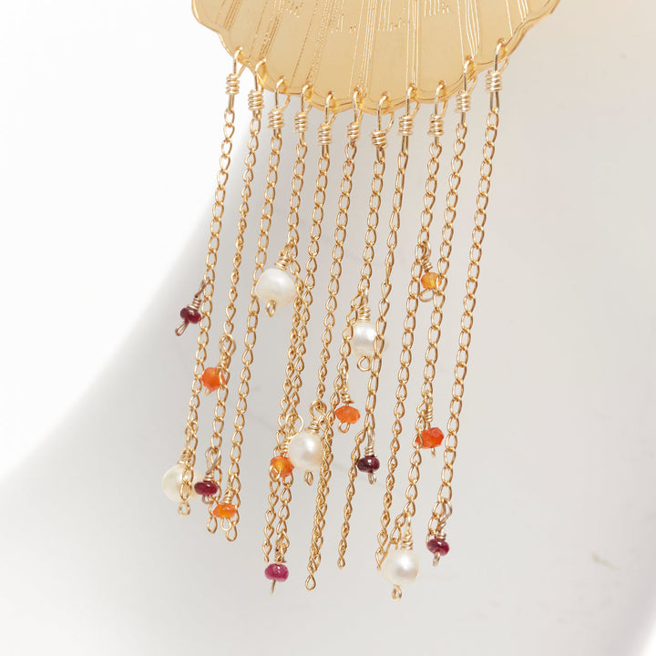 MERCEDES SALAZAR gold metal shell crystal faux pearl tassel clip earrings Pair