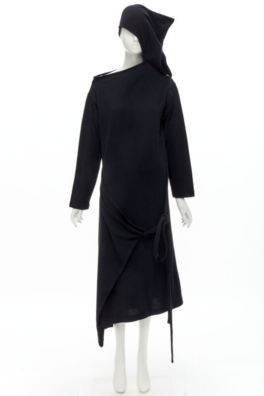 rare COMME DES GARCONS 1980's Vintage black asymmetric neckline hooded dress M