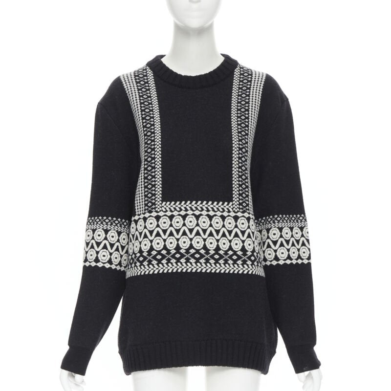 CHLOE 100% wool black white intarsia woven long sleeve sweater pullover XS
