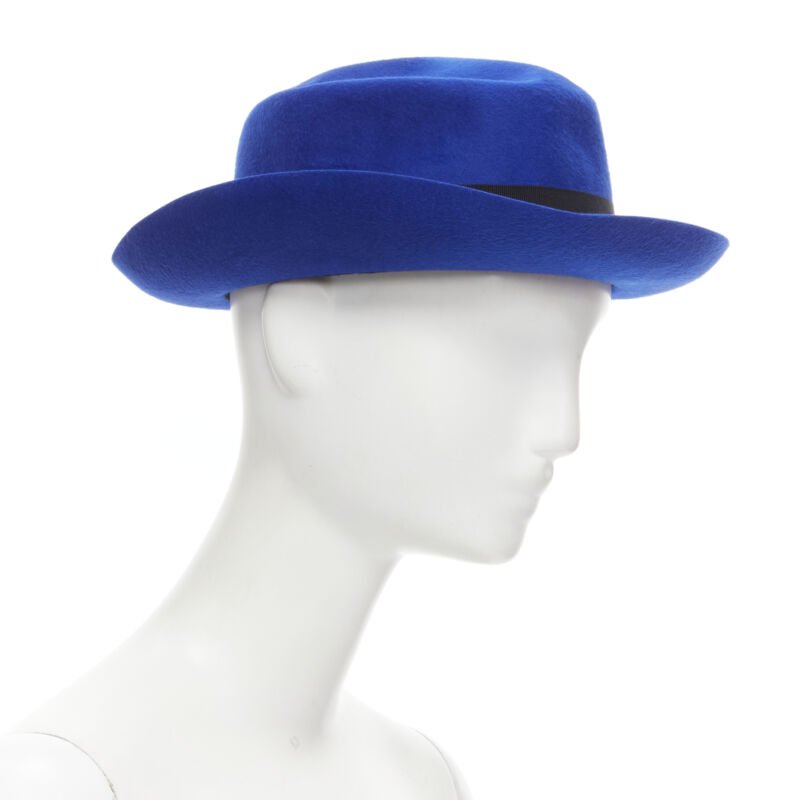 MAISON MICHEL Tiger cobalt blue wool felt black grosgrain fedora hat 57cm