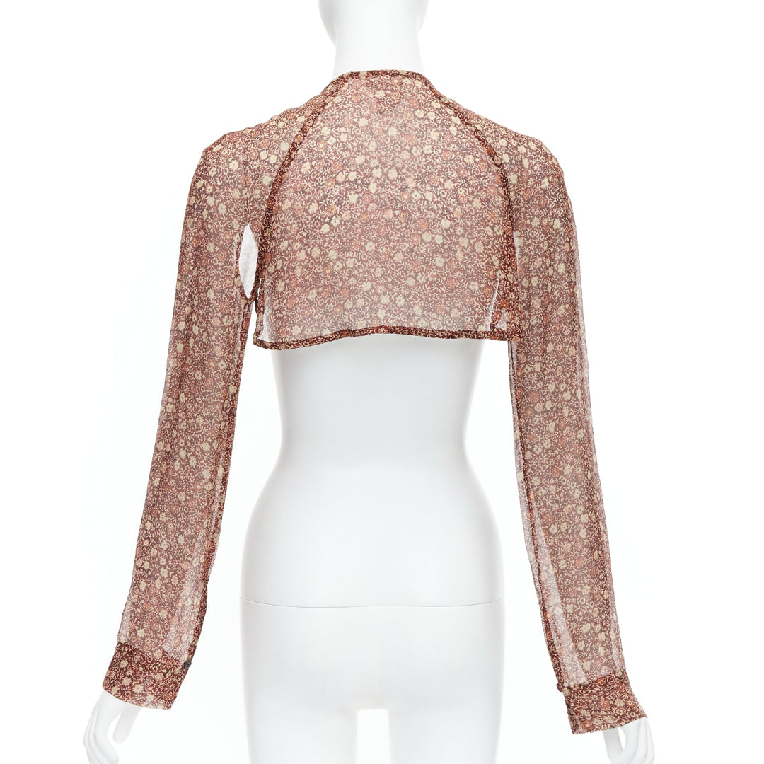 rare DRIES VAN NOTEN Vintage 90s brown silk ethnic fur charm crop top FR36 S