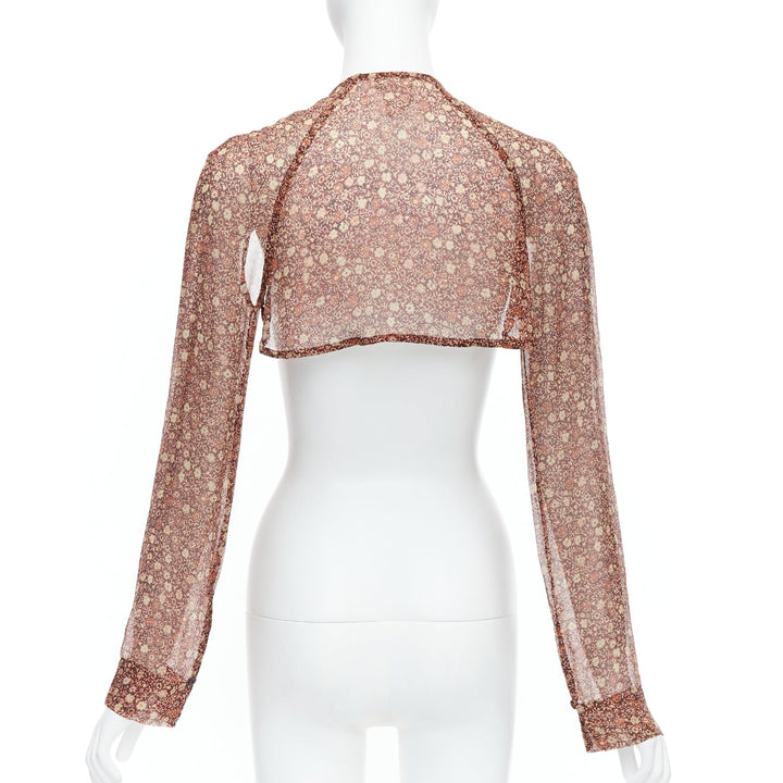 rare DRIES VAN NOTEN Vintage 90s brown silk ethnic fur charm crop top FR36 S