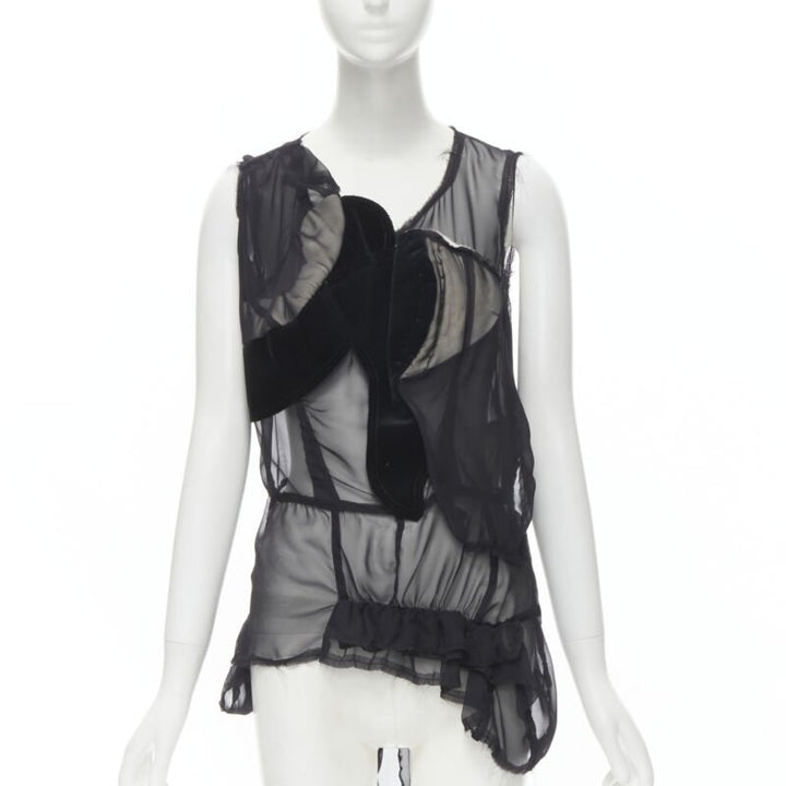 COMME DES GARCONS 2009 black sheer velvet patchwork bumps raw sleeveless vest M