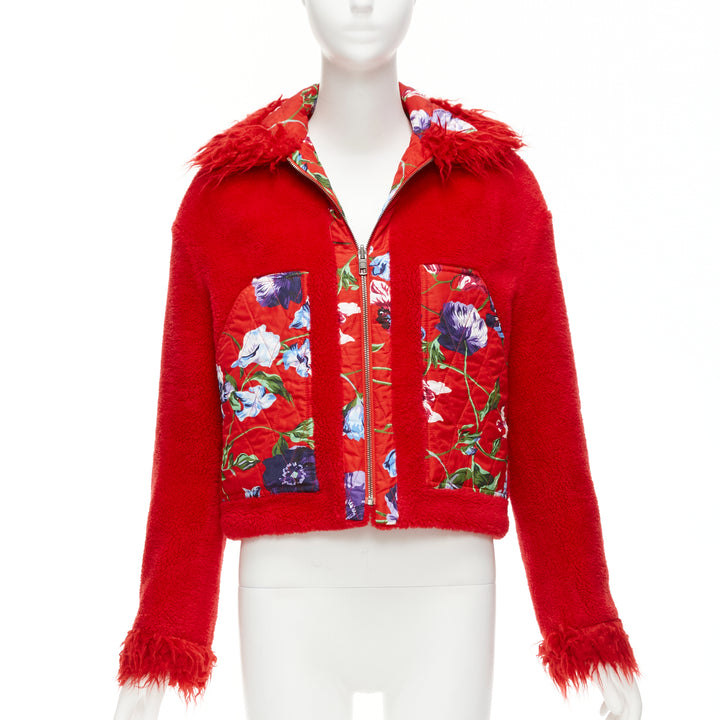 KENZO Memento reversible red purple flower print faux fur crop jacket FR34 XS