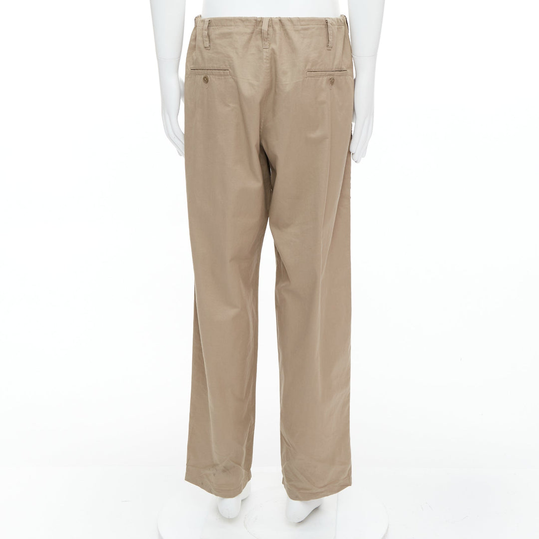 YOHJI YAMAMOTO beige brown ethnic trim drawstring wide pants JP3 L