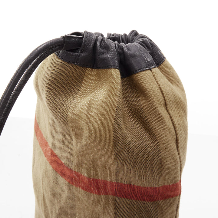 BURBERRY Hous eCheck brown jute cotton black leather trim sling backpack