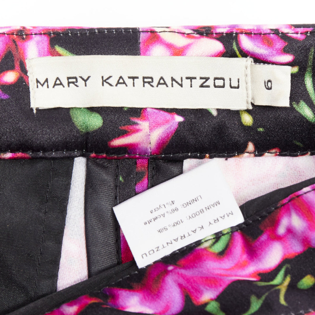 MARY KATRANTZOU 100% silk photographic floral print high waisted shorts UK6 XS