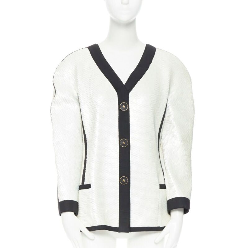 runway CHANEL SS91 white sequin black grosgrain trim scuba zipper jacket FR44