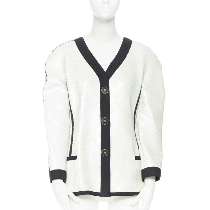 runway CHANEL SS91 white sequin black grosgrain trim scuba zipper jacket FR44