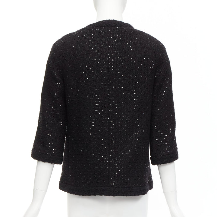SAINT LAURENT 2021 black wool sequinned tweed gold button jacket FR34 XS
