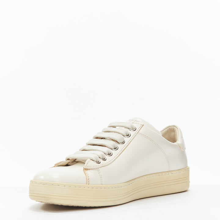 TOM FORD TF logo cream stiff leather minimal classic lace up sneakers EU36